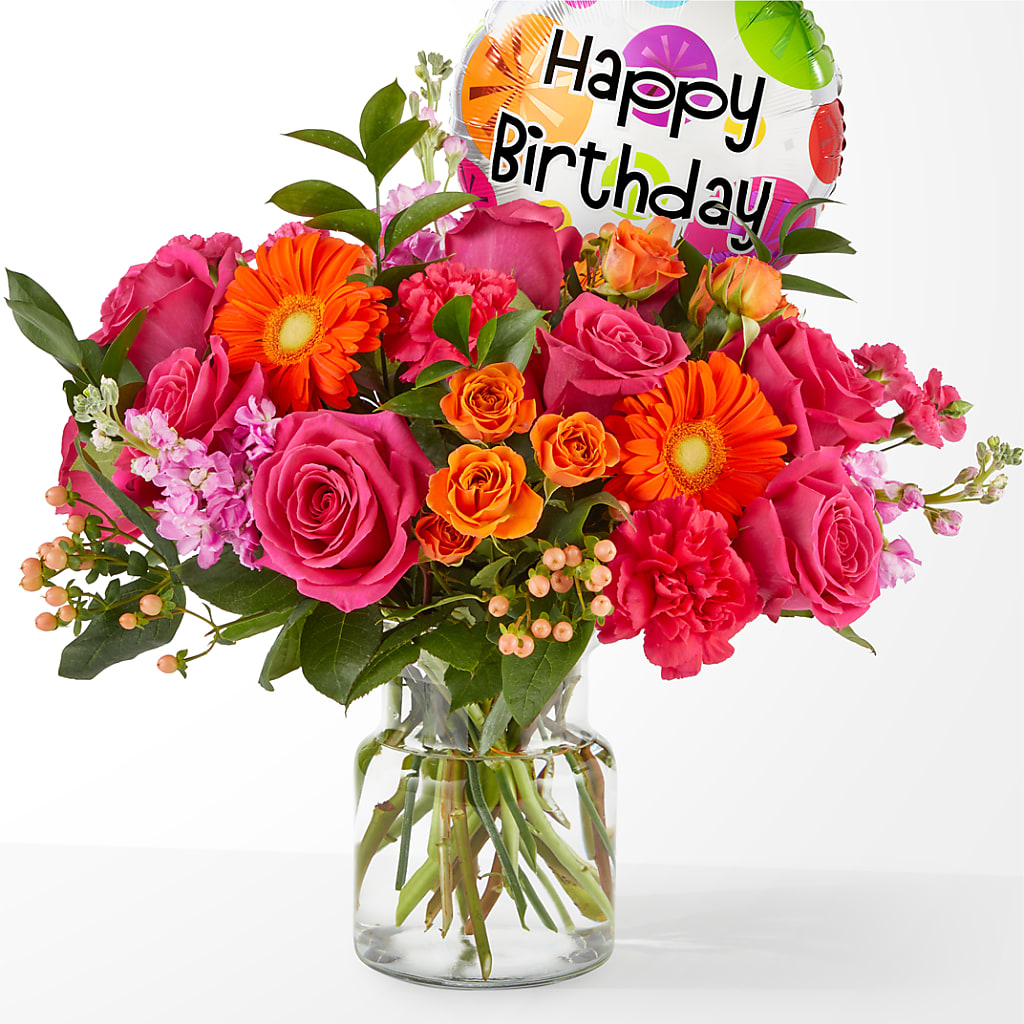 Fiesta Bouquet with Birthday Balloon – MILLER'S FLOWERS, Racine WI