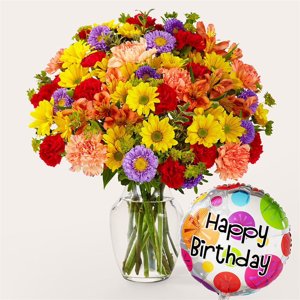 Kaleidoscope Bouquet with Birthday Balloon – MILLER'S FLOWERS, Racine WI
