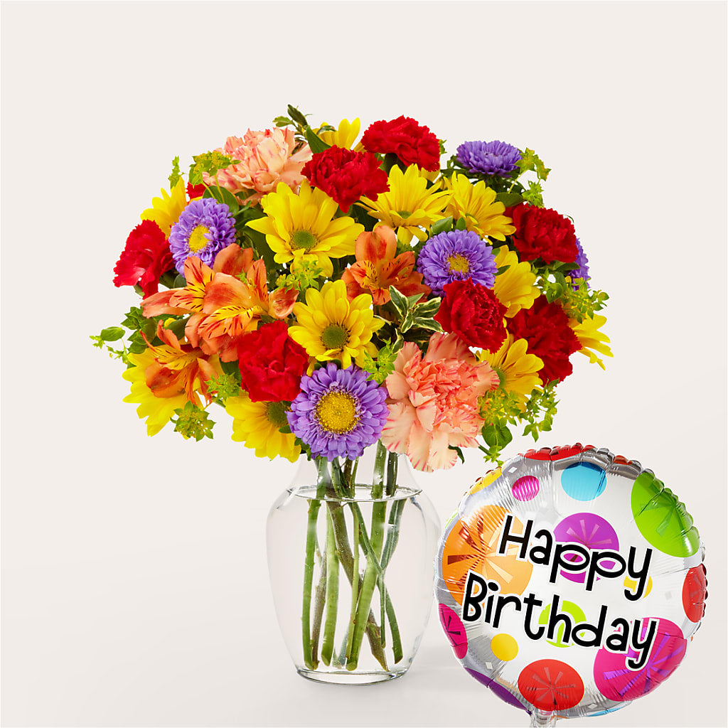 Kaleidoscope Bouquet with Birthday Balloon – MILLER'S FLOWERS, Racine WI