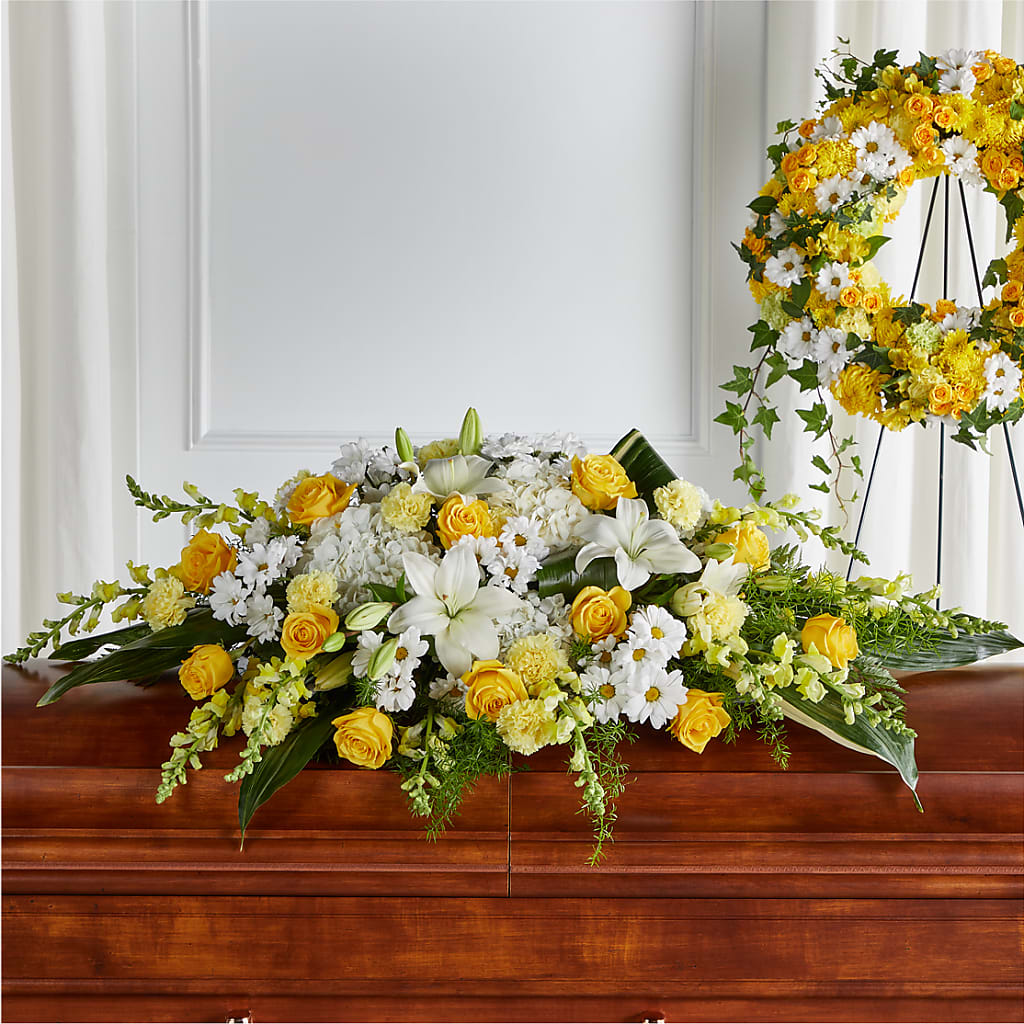 Golden Harmony Casket Spray – MILLER'S FLOWERS, Racine WI