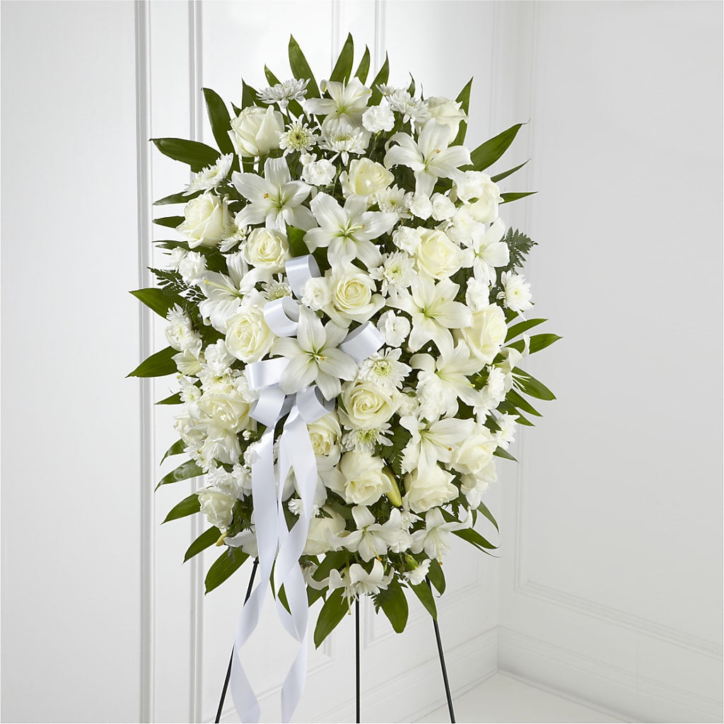 Exquisite Tribute Standing Spray-White Ribbon – MILLER'S FLOWERS, Racine WI