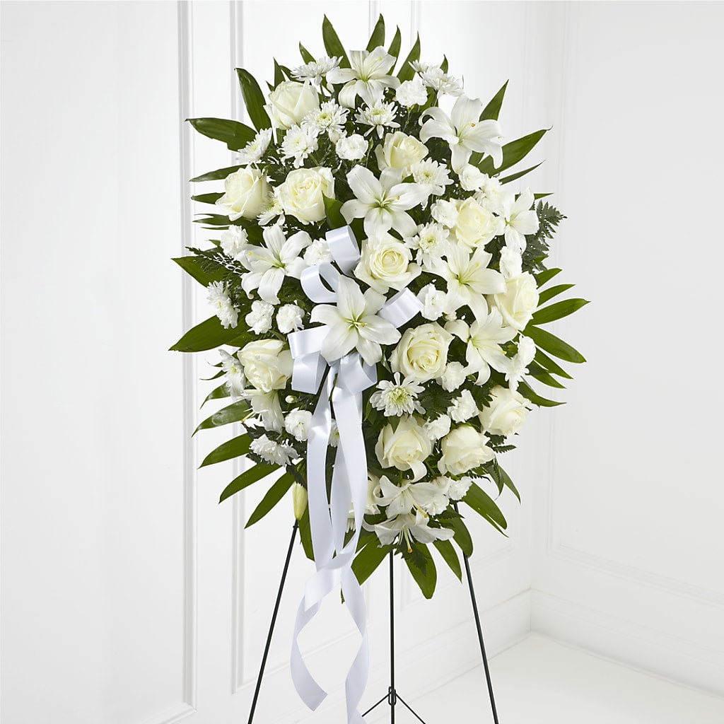 Exquisite Tribute Standing Spray-White Ribbon – MILLER'S FLOWERS, Racine WI