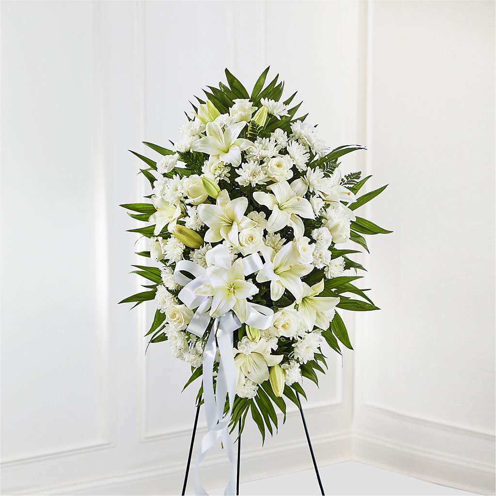 Exquisite Tribute Standing Spray-White Ribbon – MILLER'S FLOWERS, Racine WI